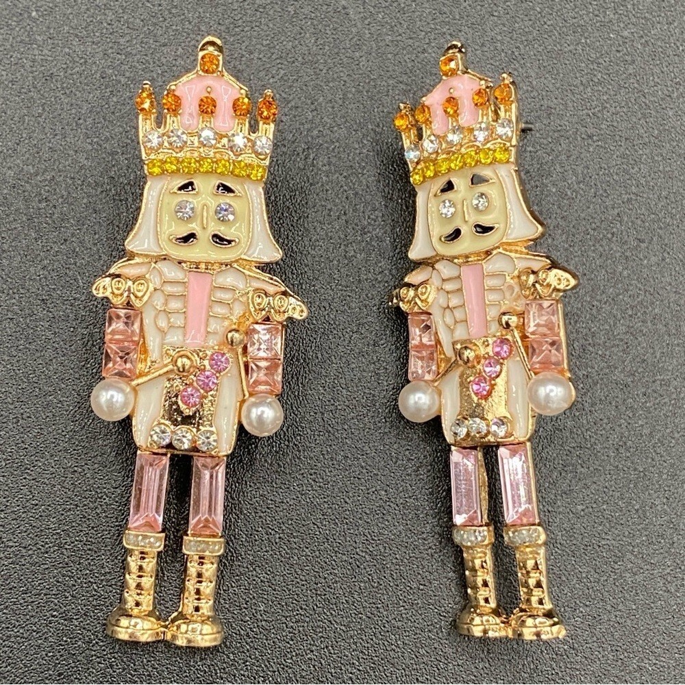 Nutcracker Sparkly Rhinestone Pink Christmas Holiday Earrings pierced